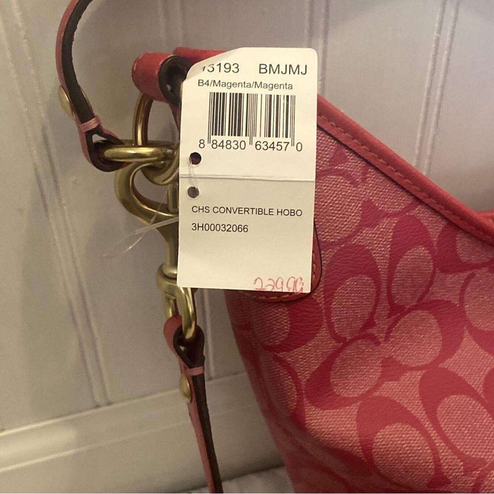 NWT Coach 13193 Heritage Stripe Signature Convertible Magenta Canvas Hobo Bag - Picture 9 of 9
